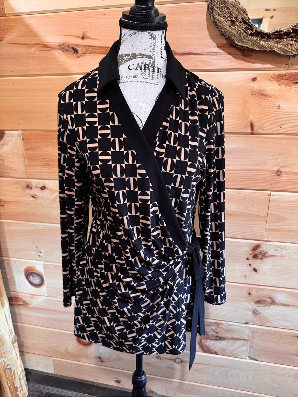 Anne Klein Geometric Wrap Dress Top in Black and Nude
